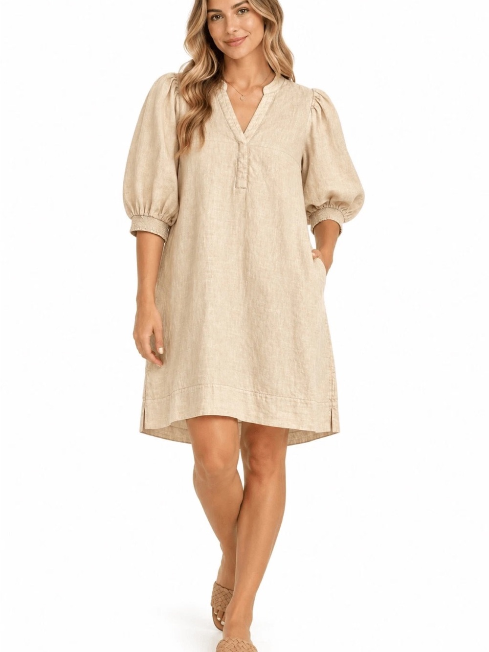 Lilly Pulitzer Beige High-Low Puff-Sleeve Dress linen size 8